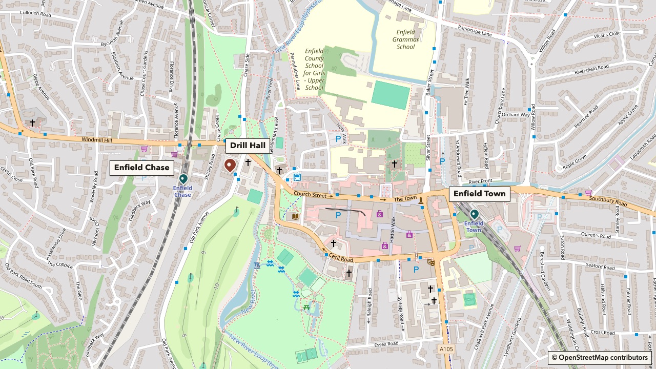 Map of Enfield Drill Hall on Old Park Avenue. Enfield Chase station is a short walk to the west, and Enfield Town station is to the east.