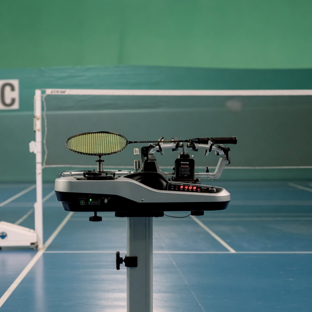 A badminton stringing machine beside the net on the blue court at the Drill Hall.